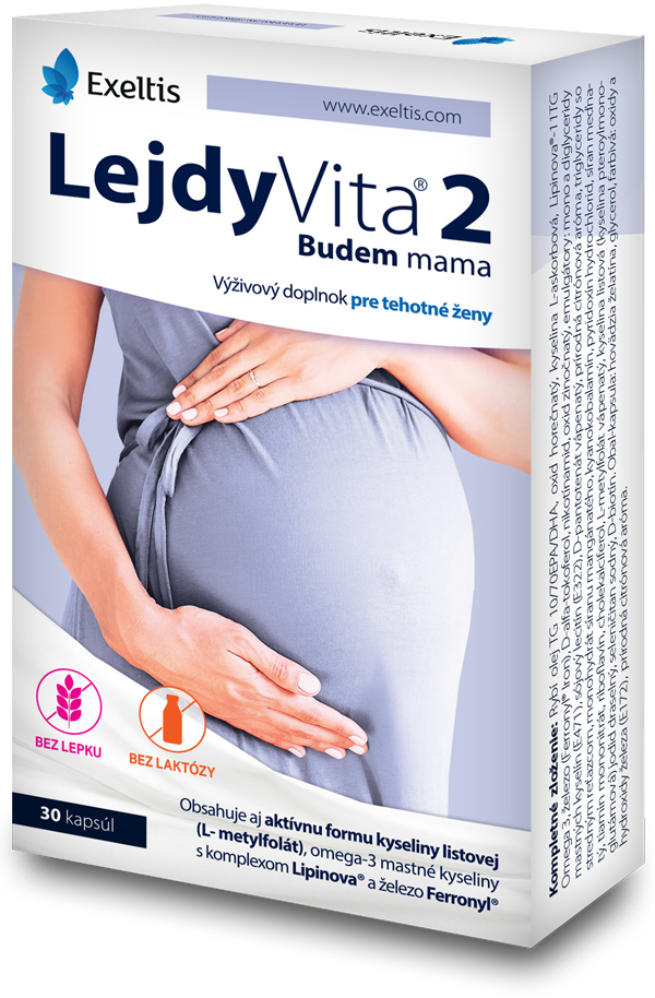 Výživový doplnok LejdyVita 2 - Budem mama obsahuje vitamíny a minerály ako kyselinu listovú, železo, omega 3 mastné kyseliny pre správny vývoj plodu počas tehotenstva